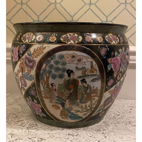 VintageMandarin Family Porcelain Fishbowl Planter Chinese Vase Hand Painted - Picture 3 of 12